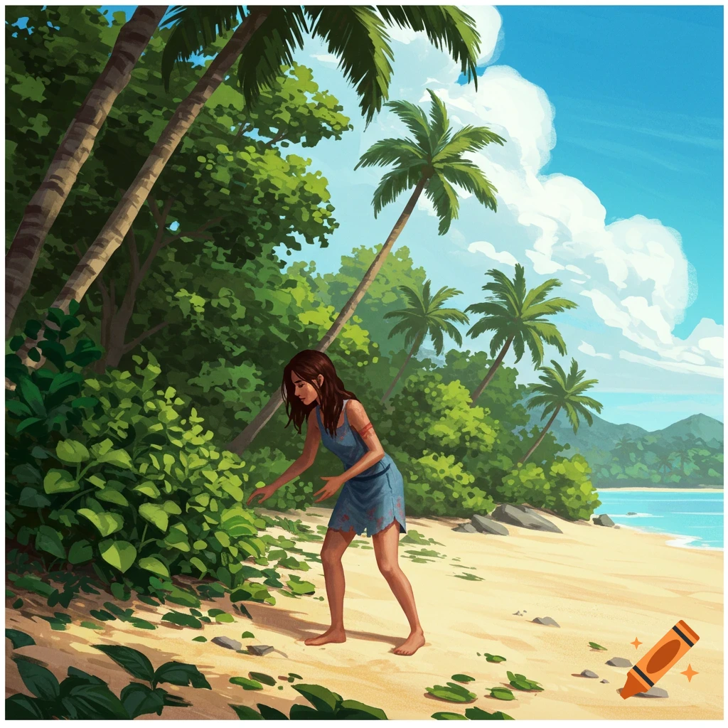 Person searching near jungle foliage on a tropical beach.