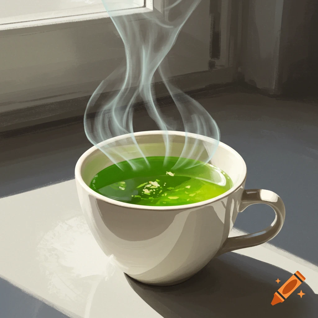 A steaming cup of green tea by a window