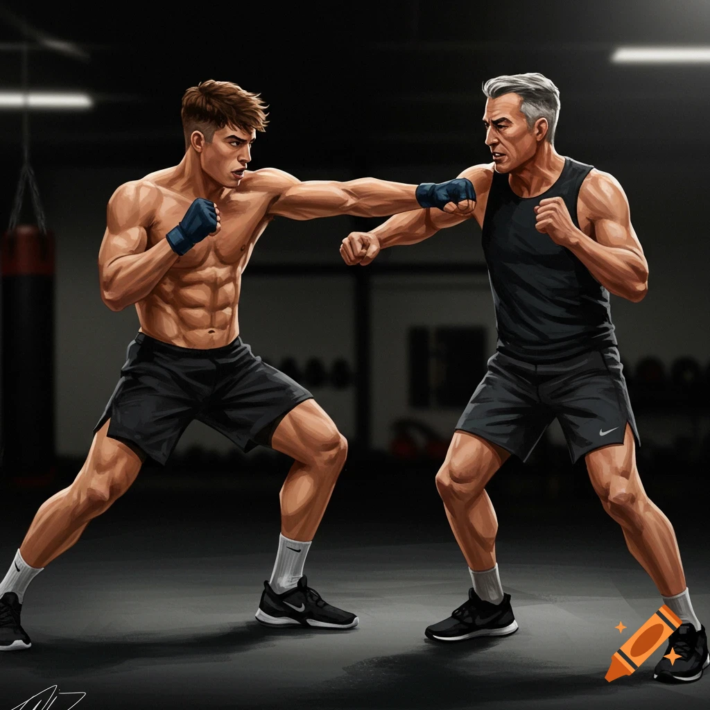 A young muscular man is sparring with an older man in a gym.