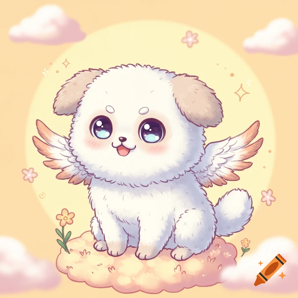 Cute white fluffy creature with wings sitting on a cloud in chibi anime style.