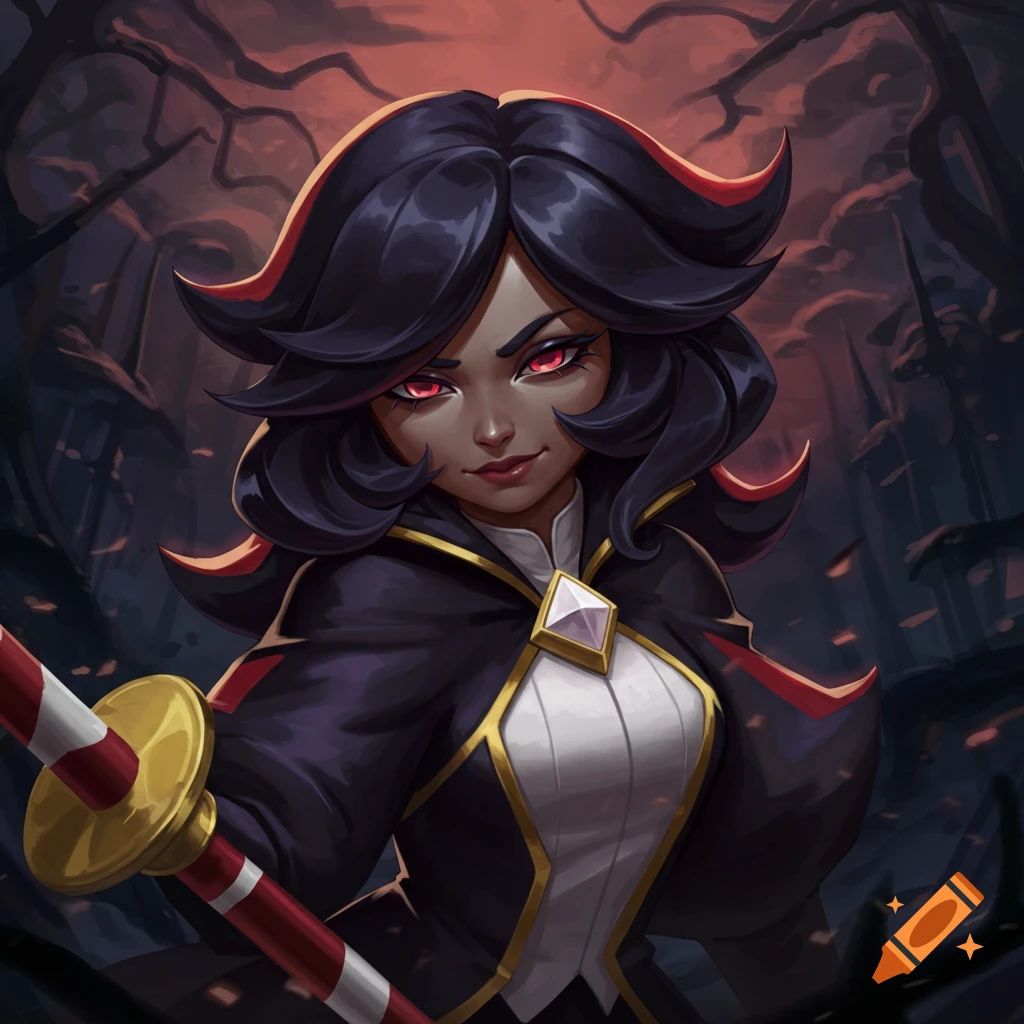 A dark-haired fantasy character with red eyes holds a striped staff.