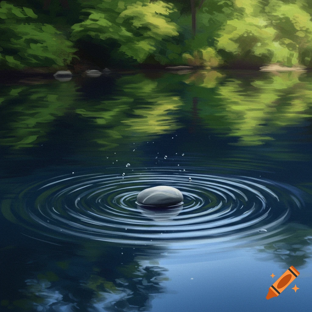 A rock creating ripples in a pond, reflecting green trees on the shore.