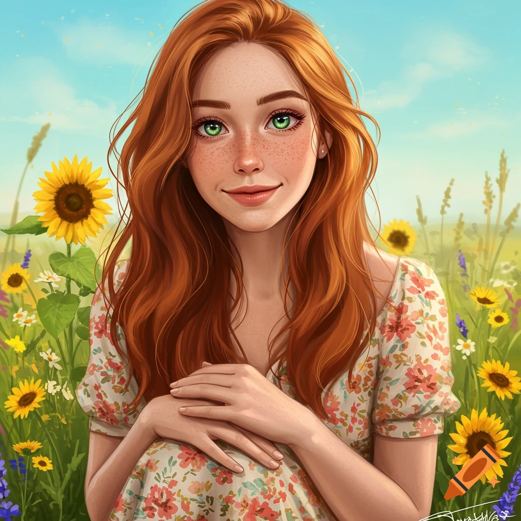 A smiling young woman with red hair and green eyes sits in a field of sunflowers and flowers.