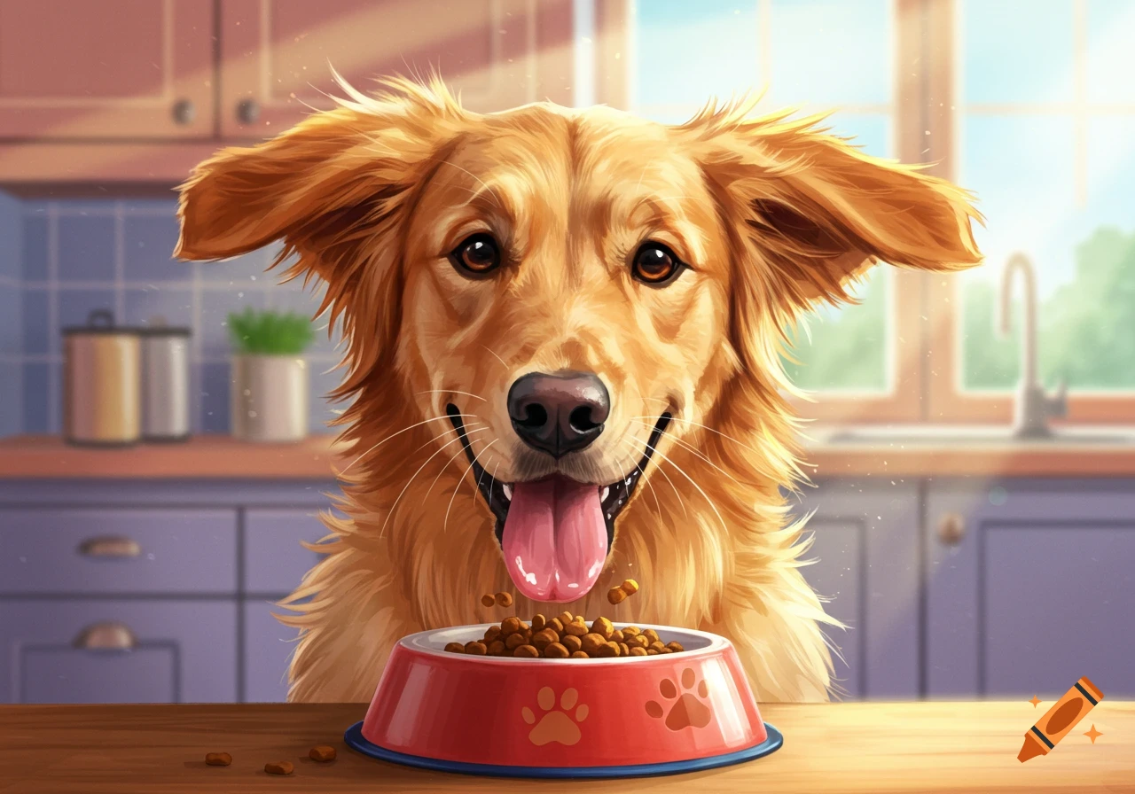 A happy golden retriever looking at a bowl of food in a kitchen