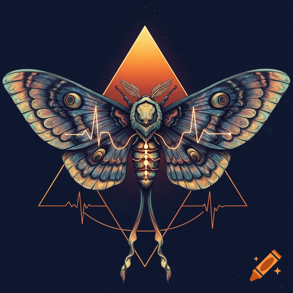 Digital illustration of a moth with glowing chest and antennae, an orange triangle, and an ECG line.