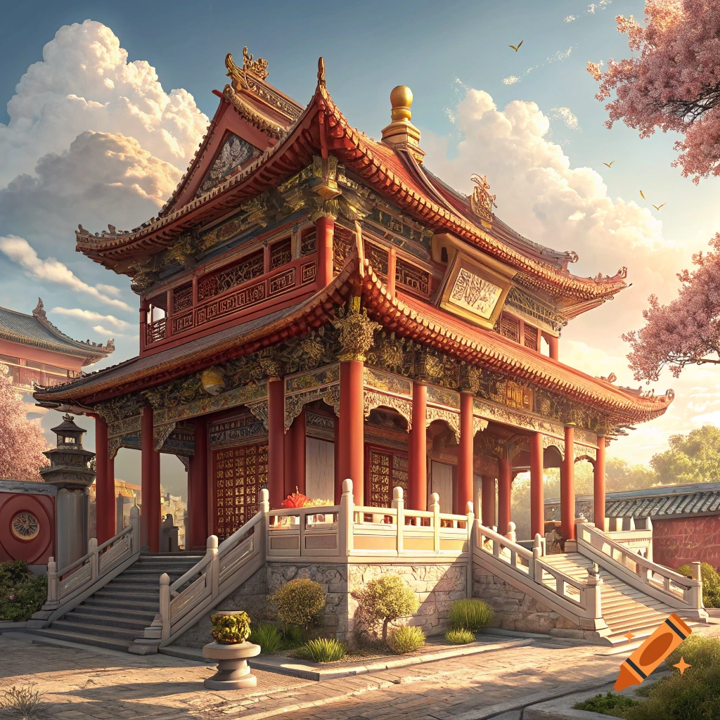 A beautiful traditional red and gold Chinese temple building with intricate details and cherry blossoms under a cloudy sky.