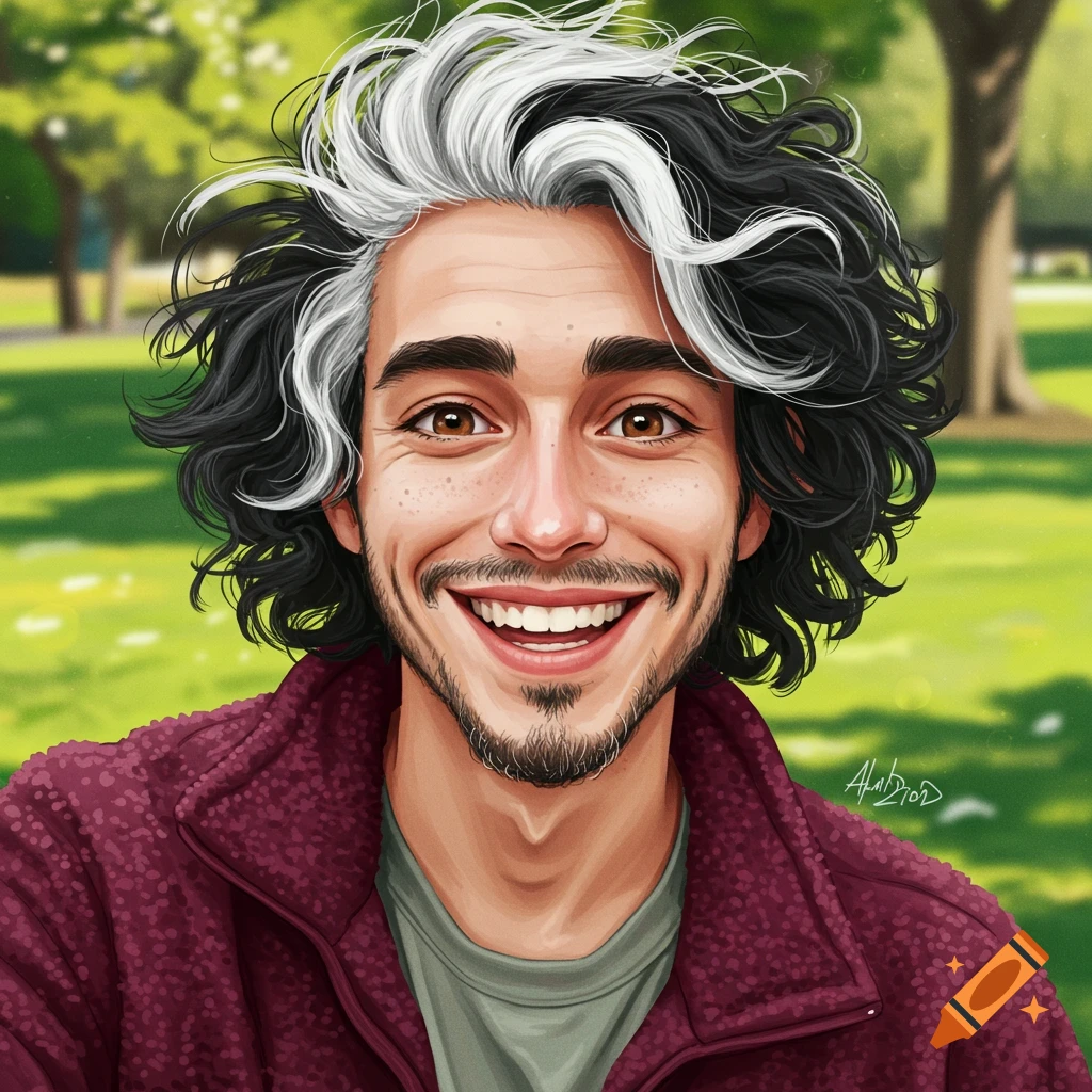 A smiling man with black and white streaked hair is in a park.