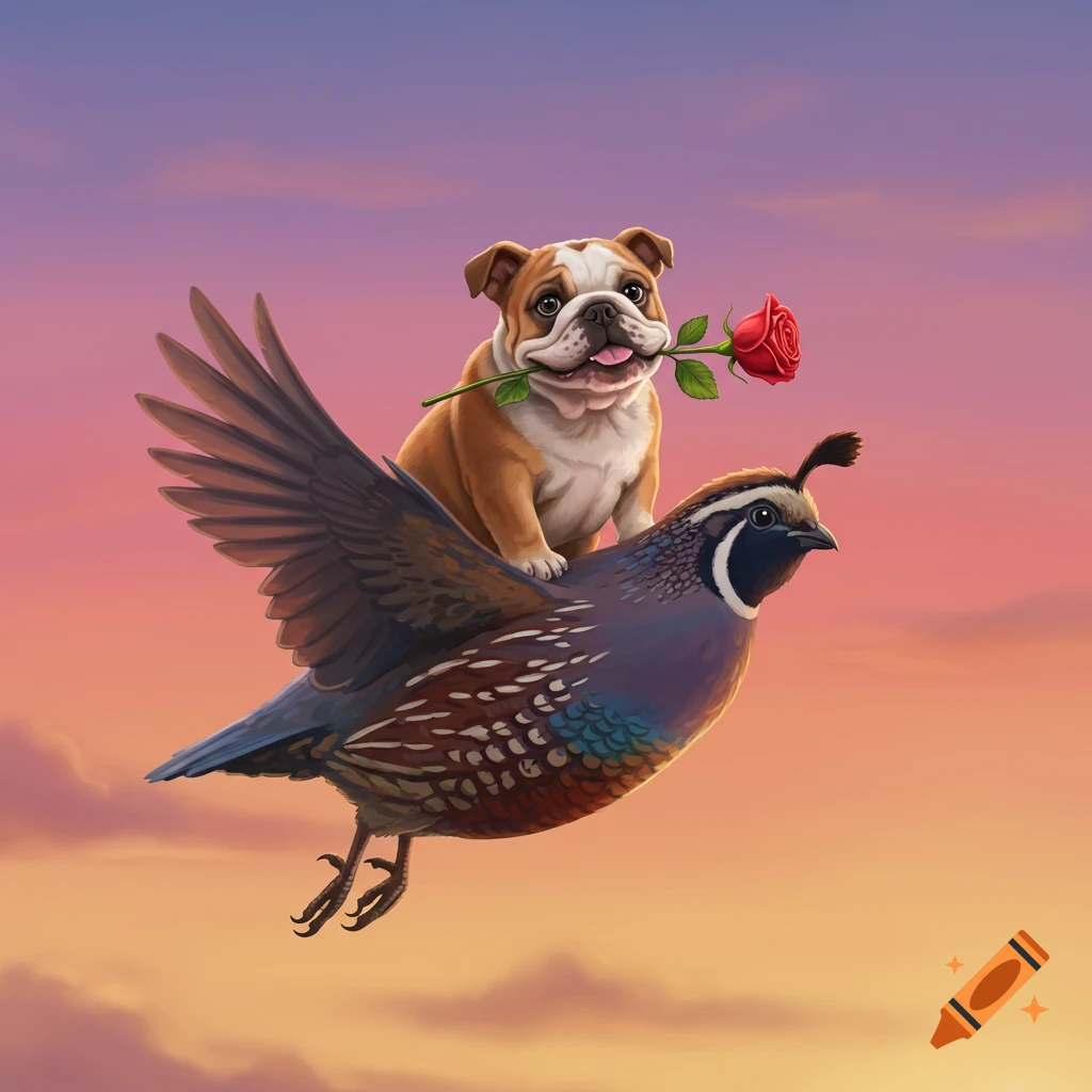 A bulldog with a rose in its mouth riding on a quail flying against a sunset sky.