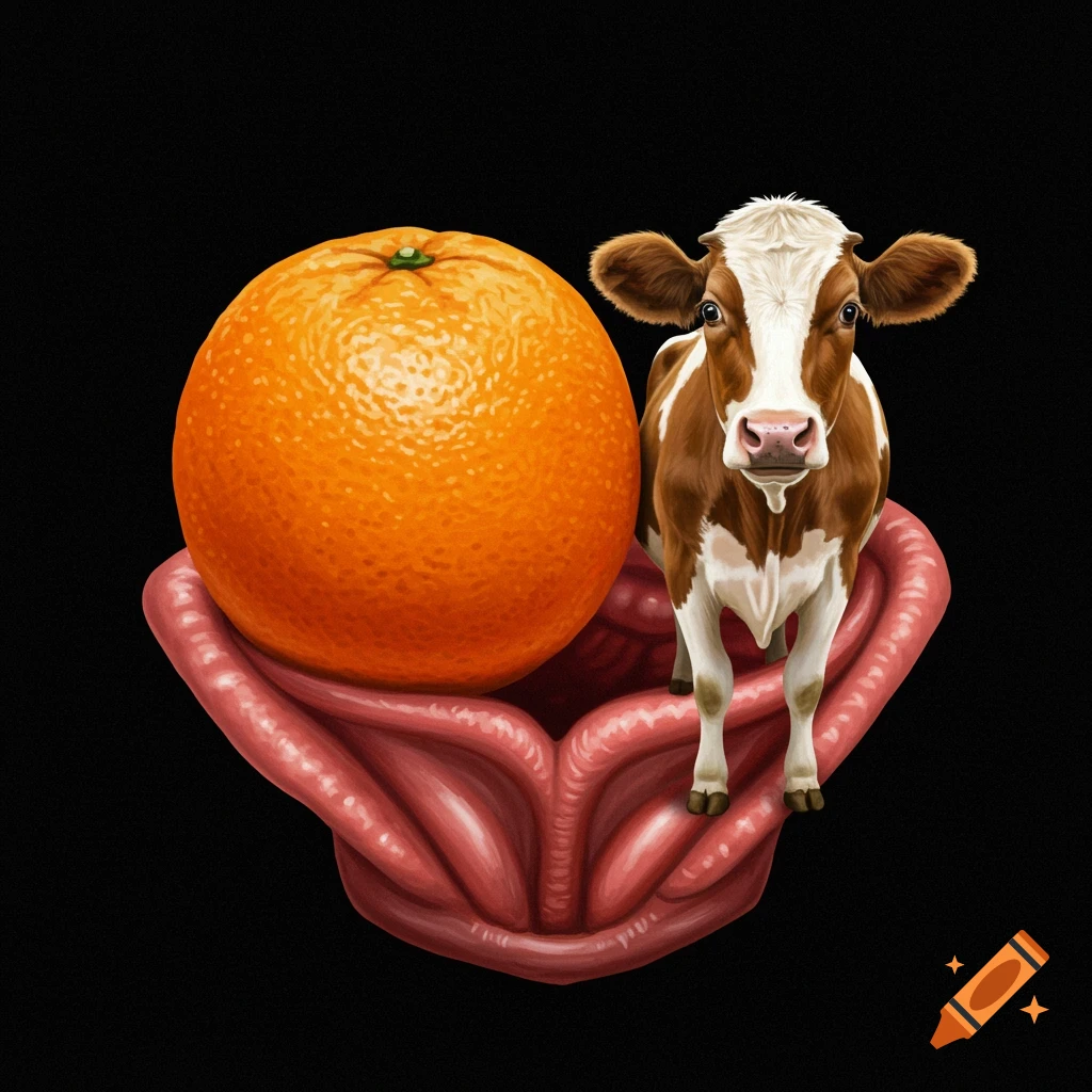 Surreal image of a cow and an orange sitting on a human uvula against a black background.