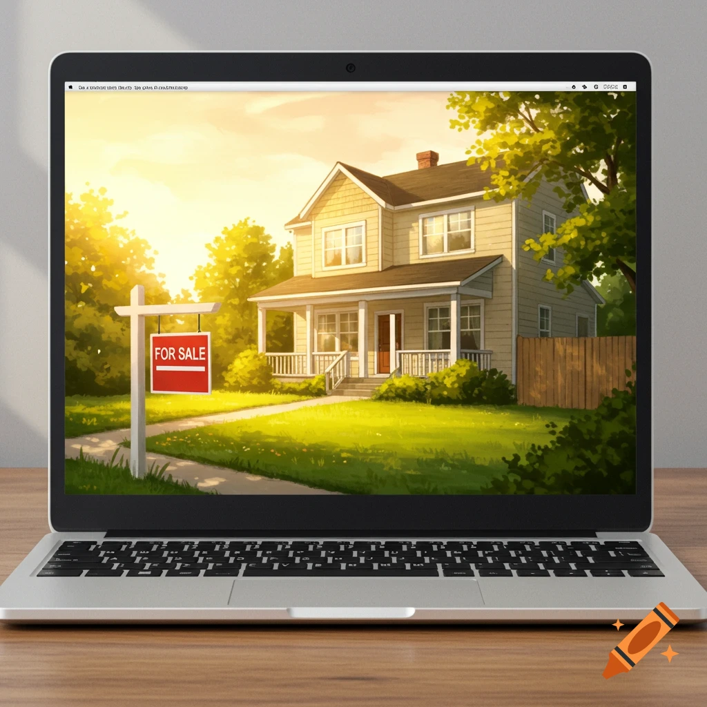 A house with a 'For Sale' sign displayed on a laptop screen.