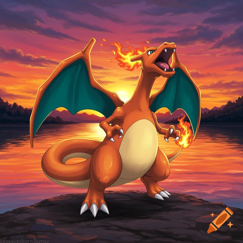Charizard breathes fire on a rock during sunset over a lake in an anime style