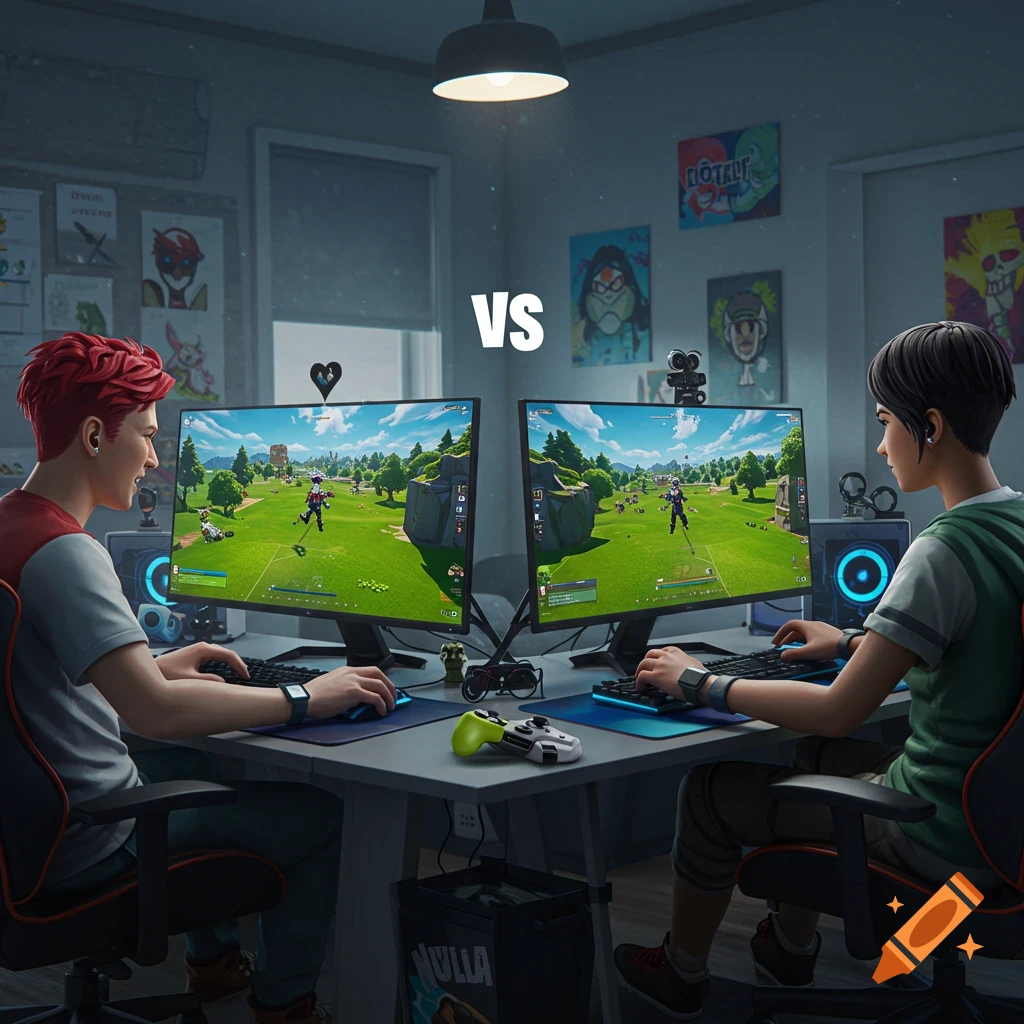 Two young people sit at computers playing a video game in a darkened room. A large "VS" is between their monitors.