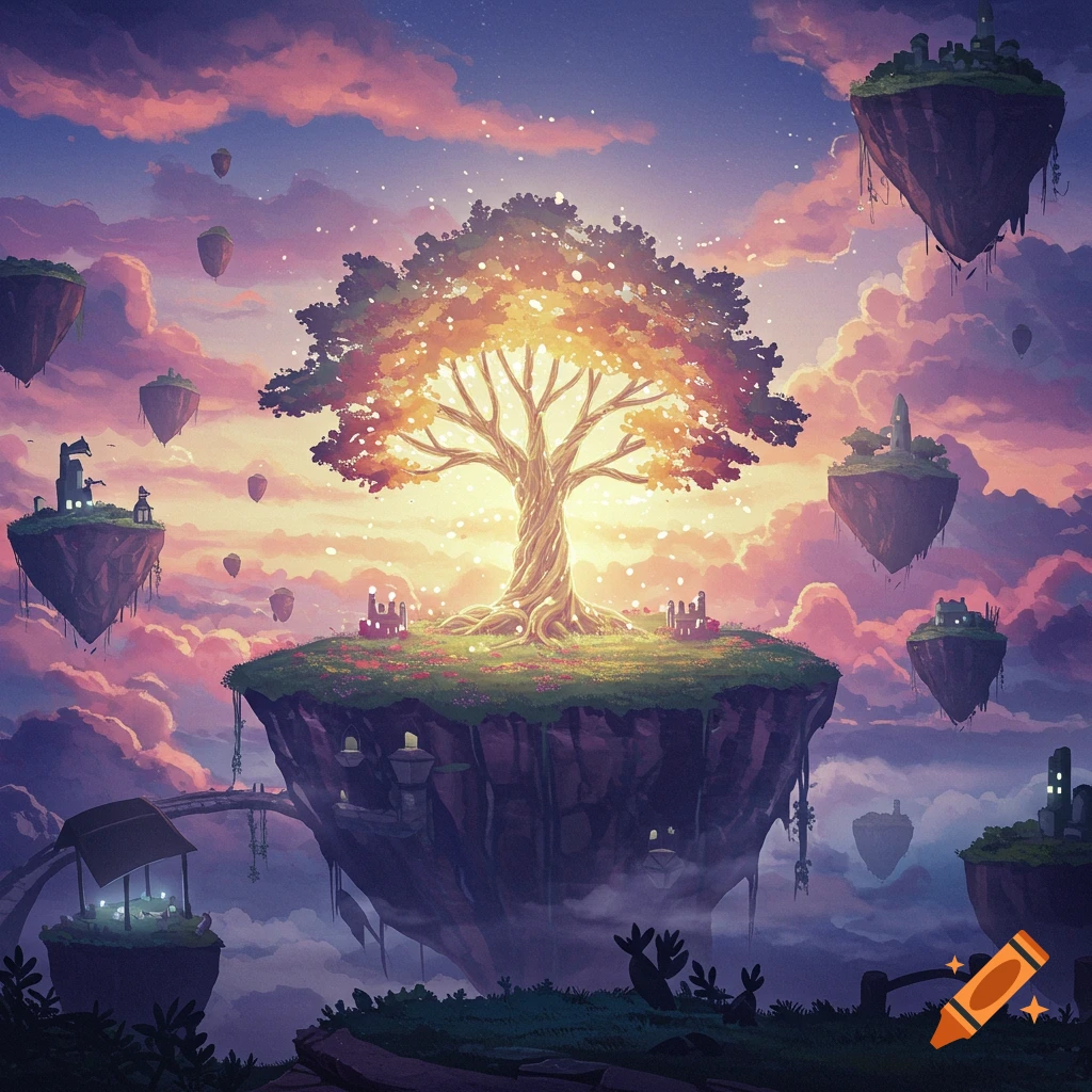 A surreal landscape with a glowing tree on a floating island, surrounded by other islands and clouds.