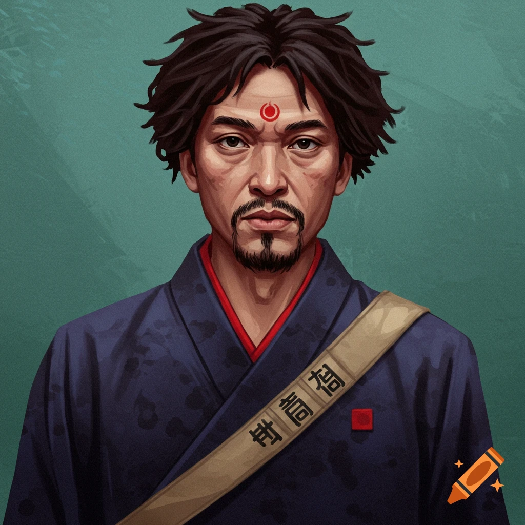 An Asian person in traditional clothing with a patterned sash.
