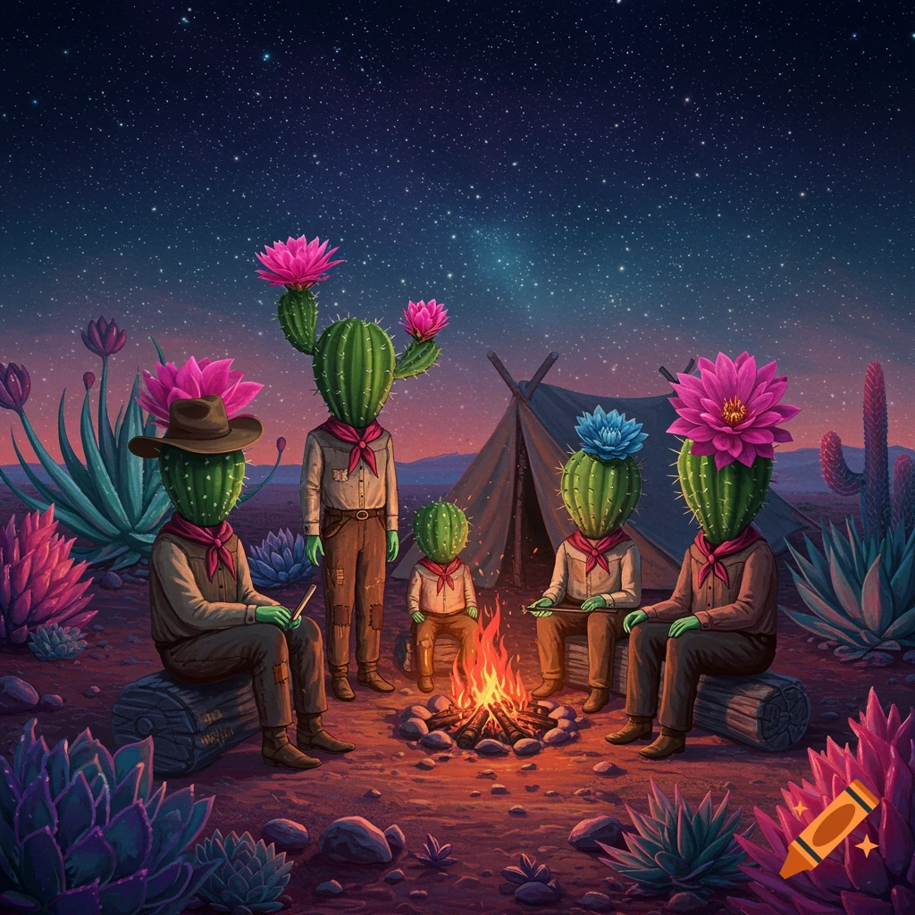 Cactus-headed figures camp around a fire in a surreal desert under a starry sky.
