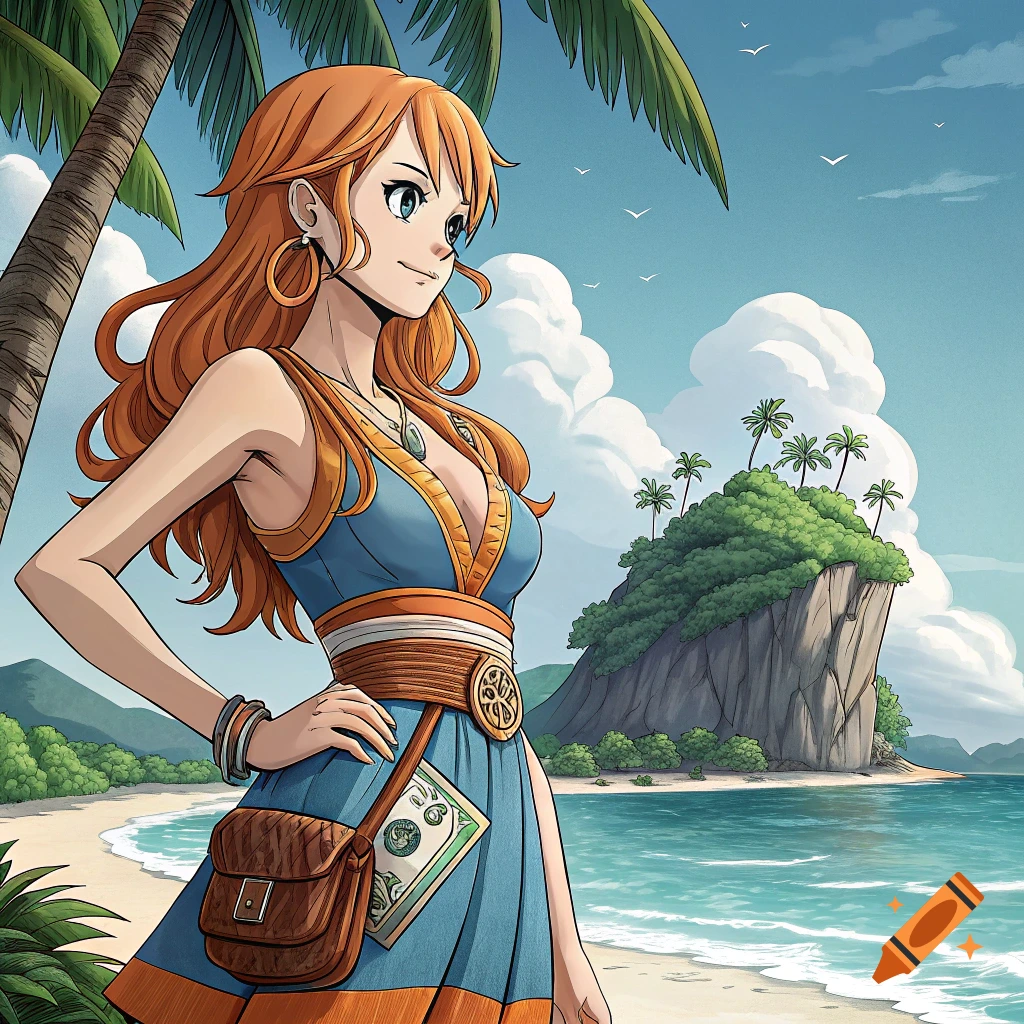 Anime character Nami standing on a tropical beach.
