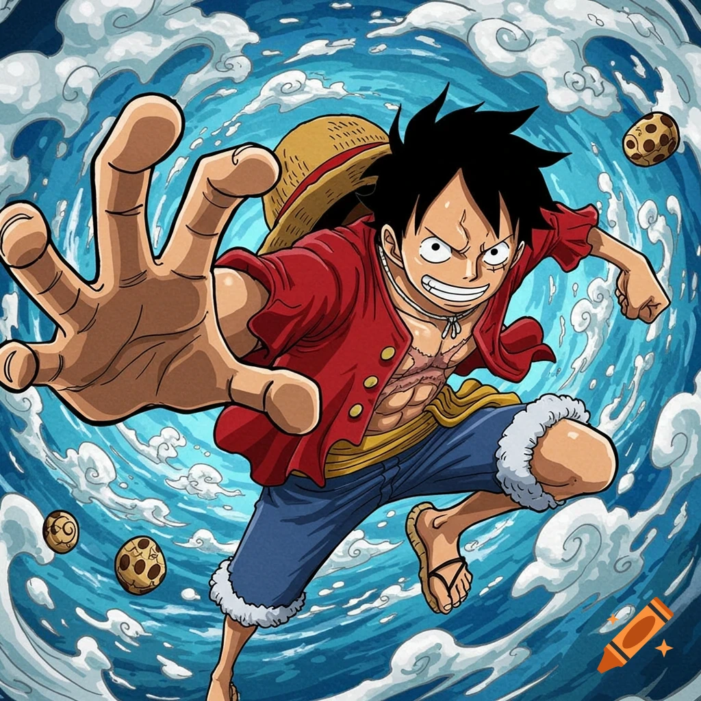 Anime drawing of One Piece character Luffy running and reaching out, surrounded by swirling water.