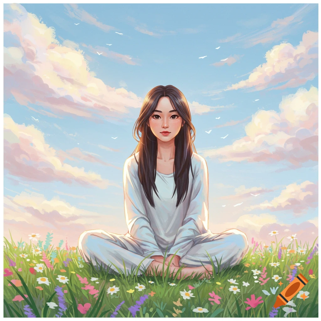 A young woman meditating in a sunny field of flowers under a cloudy sky.