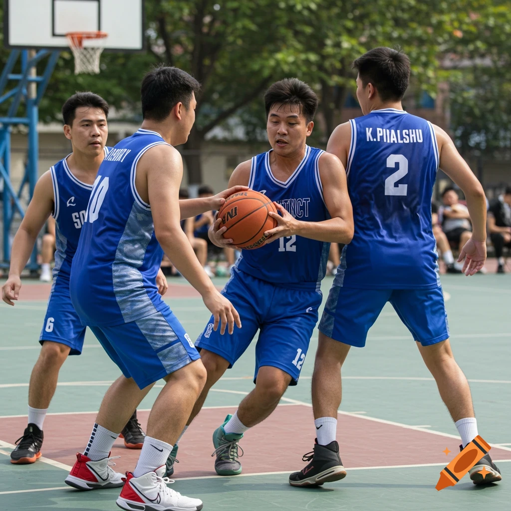 Four men playing basketball in blue jerseys on a court.