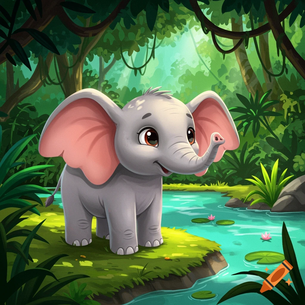 A whimsical cartoon baby elephant stands by a river in a lush jungle.