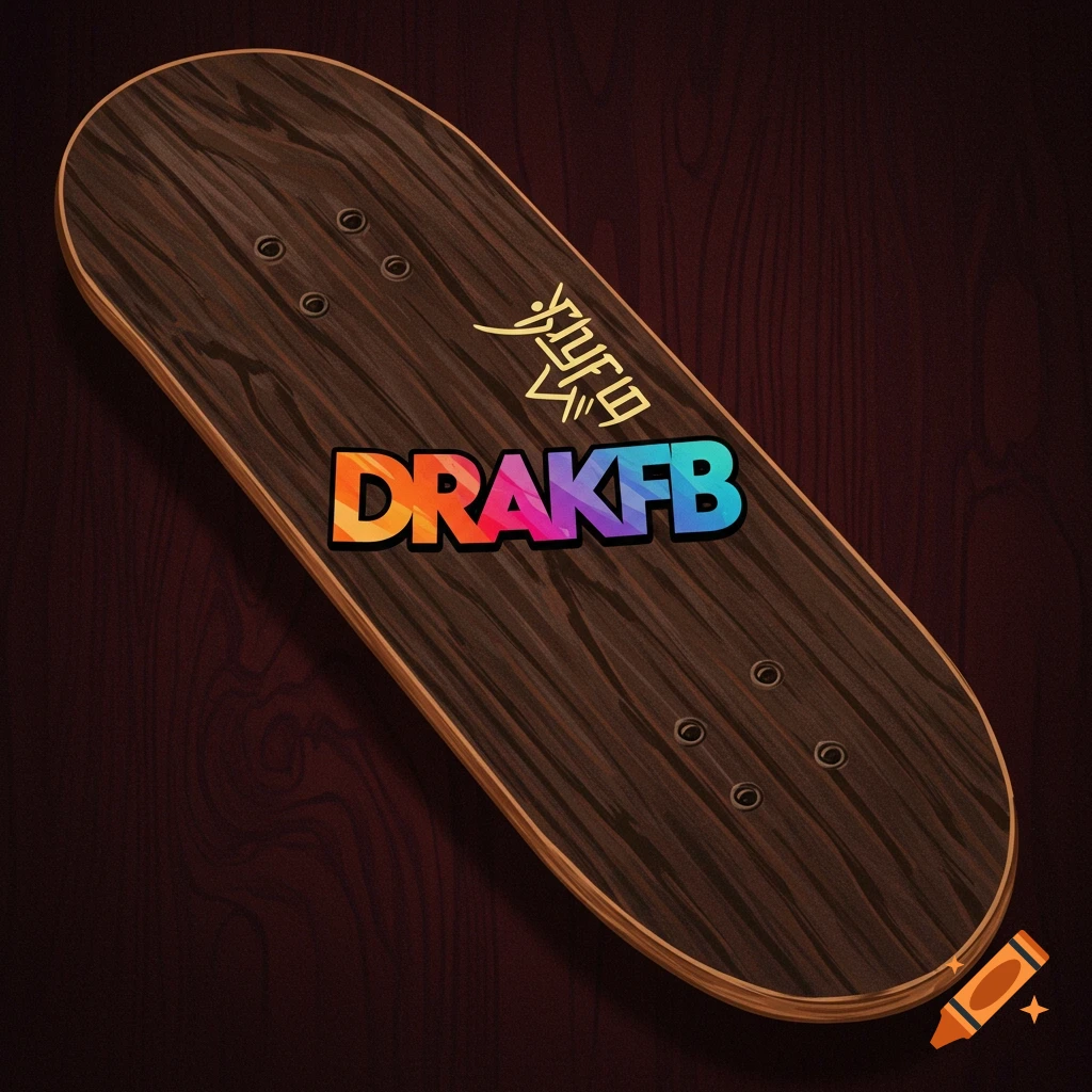 A wooden fingerboard with a colorful DRAKFB logo