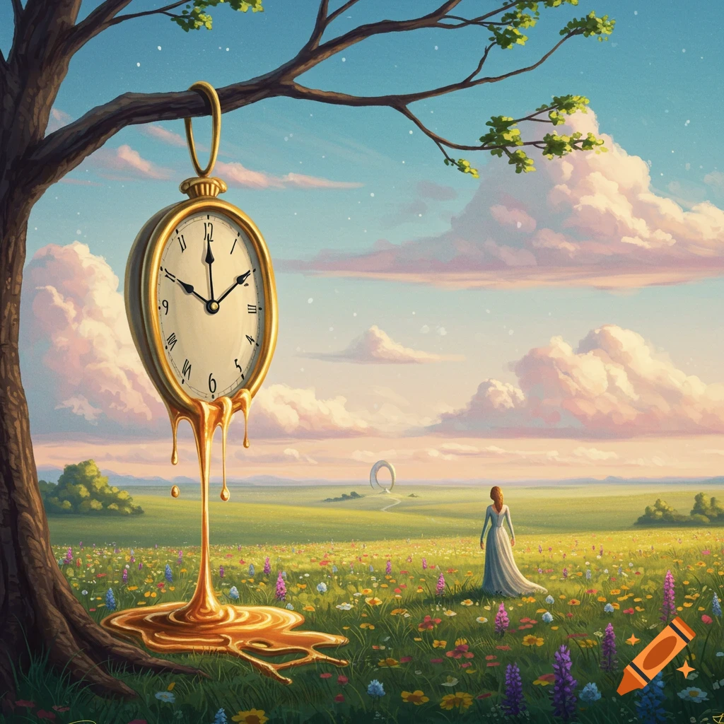 Surreal image of a melting clock hanging over a field of wildflowers, with a woman in the distance.