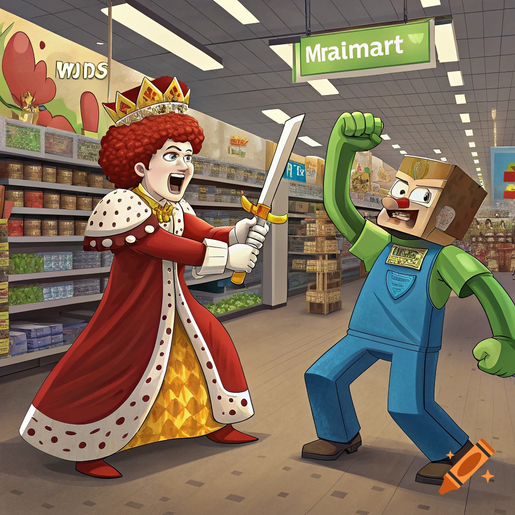 Cartoon of a queen fighting a blocky character inside a supermarket.