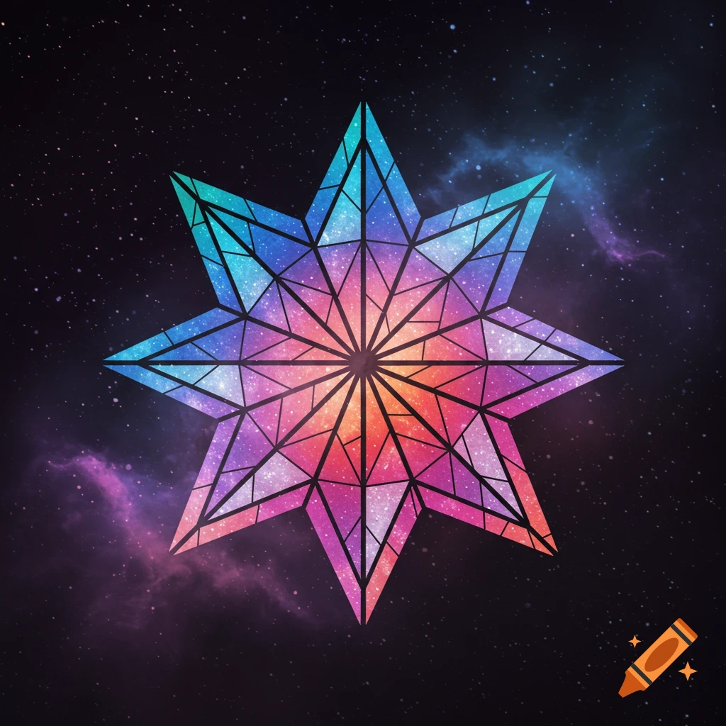 An eight-pointed geometric star filled with a colorful galaxy against a dark space background.