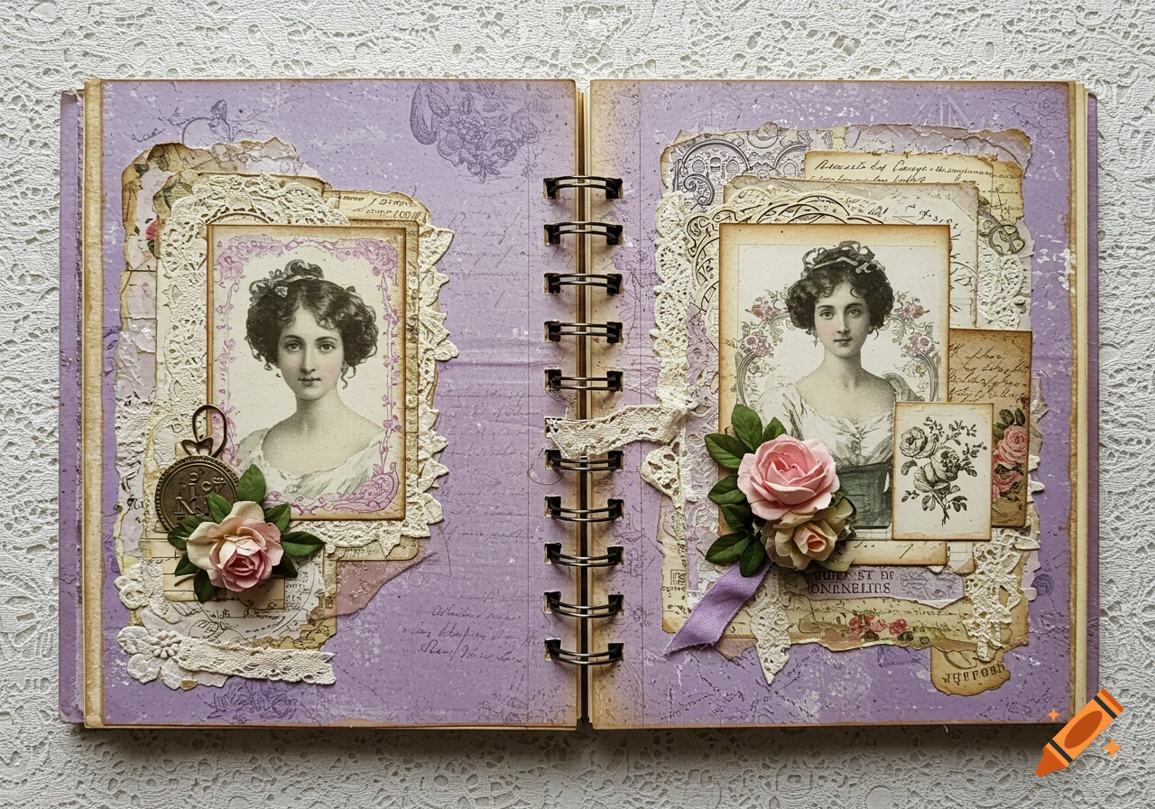 A vintage style two-page scrapbook spread with portraits, roses, lace, and text on a purple background.