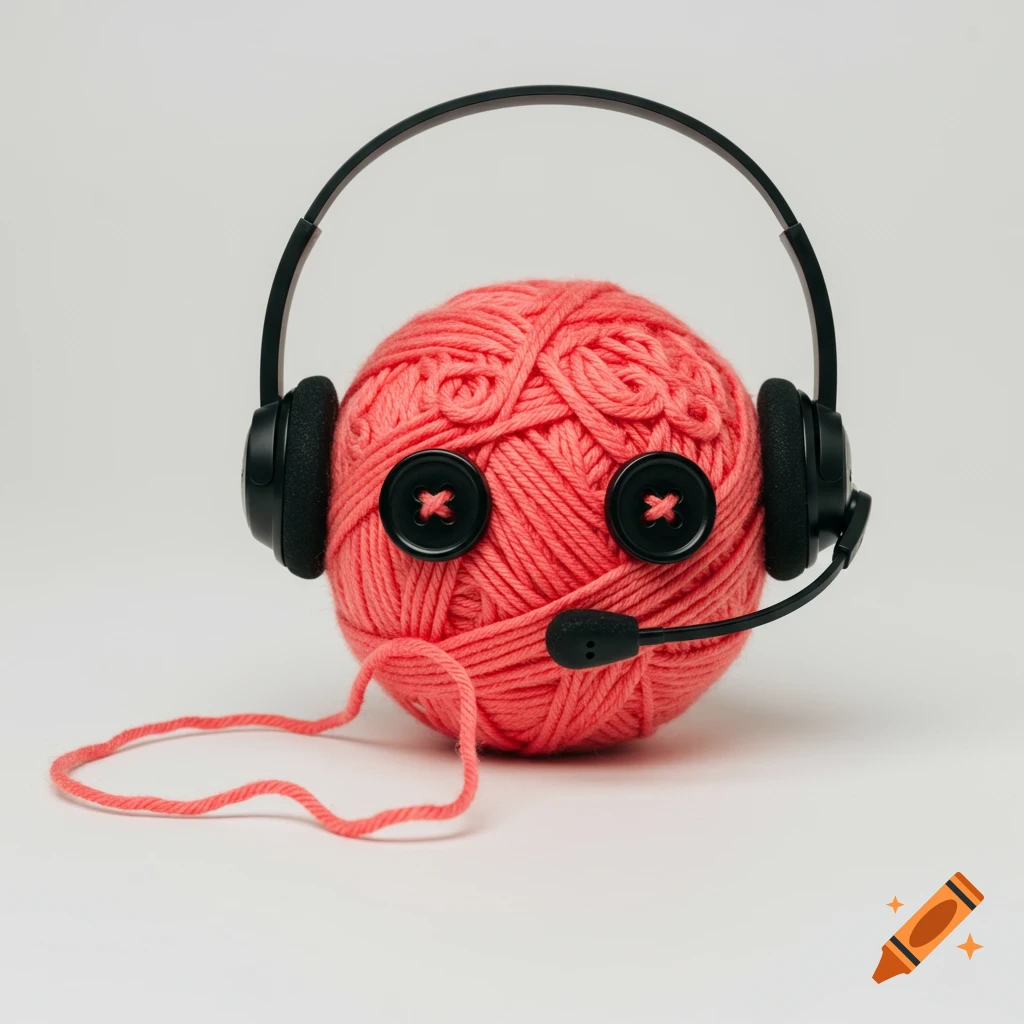 Photorealistic image of a pink ball of yarn with button eyes wearing a black headset.