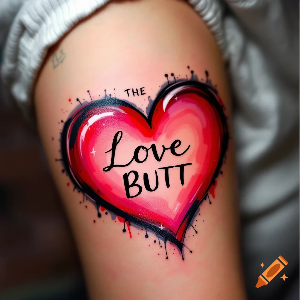 A watercolor style tattoo of a red heart with black text 'THE Love BUTT' on an arm.