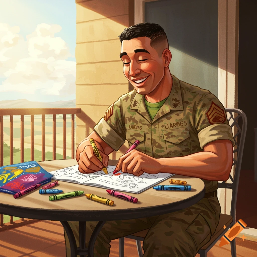 A man in a military uniform sits on a balcony coloring in a book.