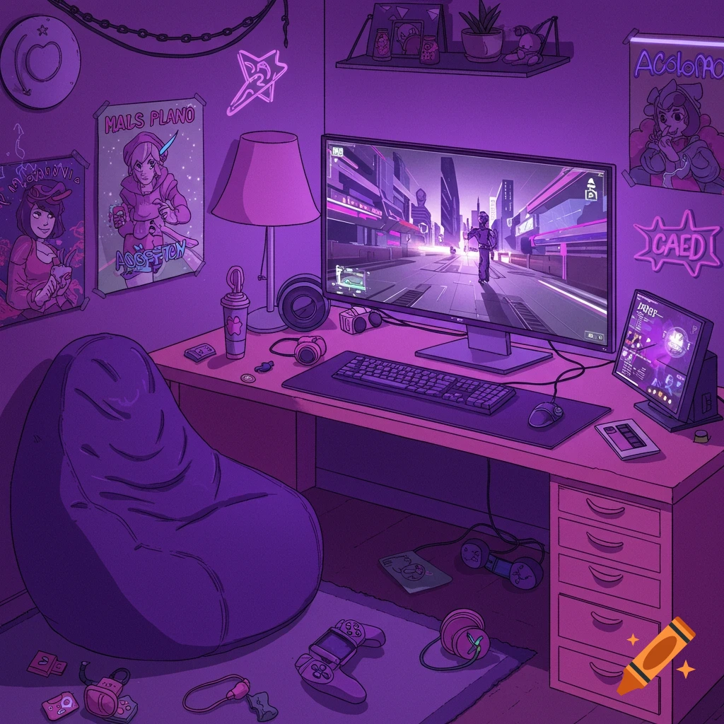 Cartoon of a purple-themed gaming room with a computer, bean bag chair, and posters.