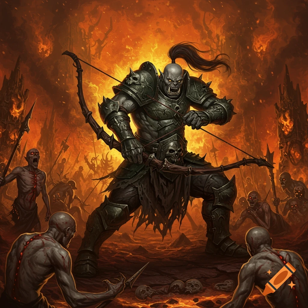 A grey orc archer fighting grotesque zombies in a fiery hellscape.