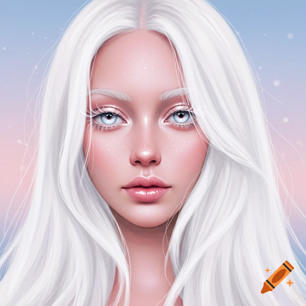 A woman with white hair and blue eyes