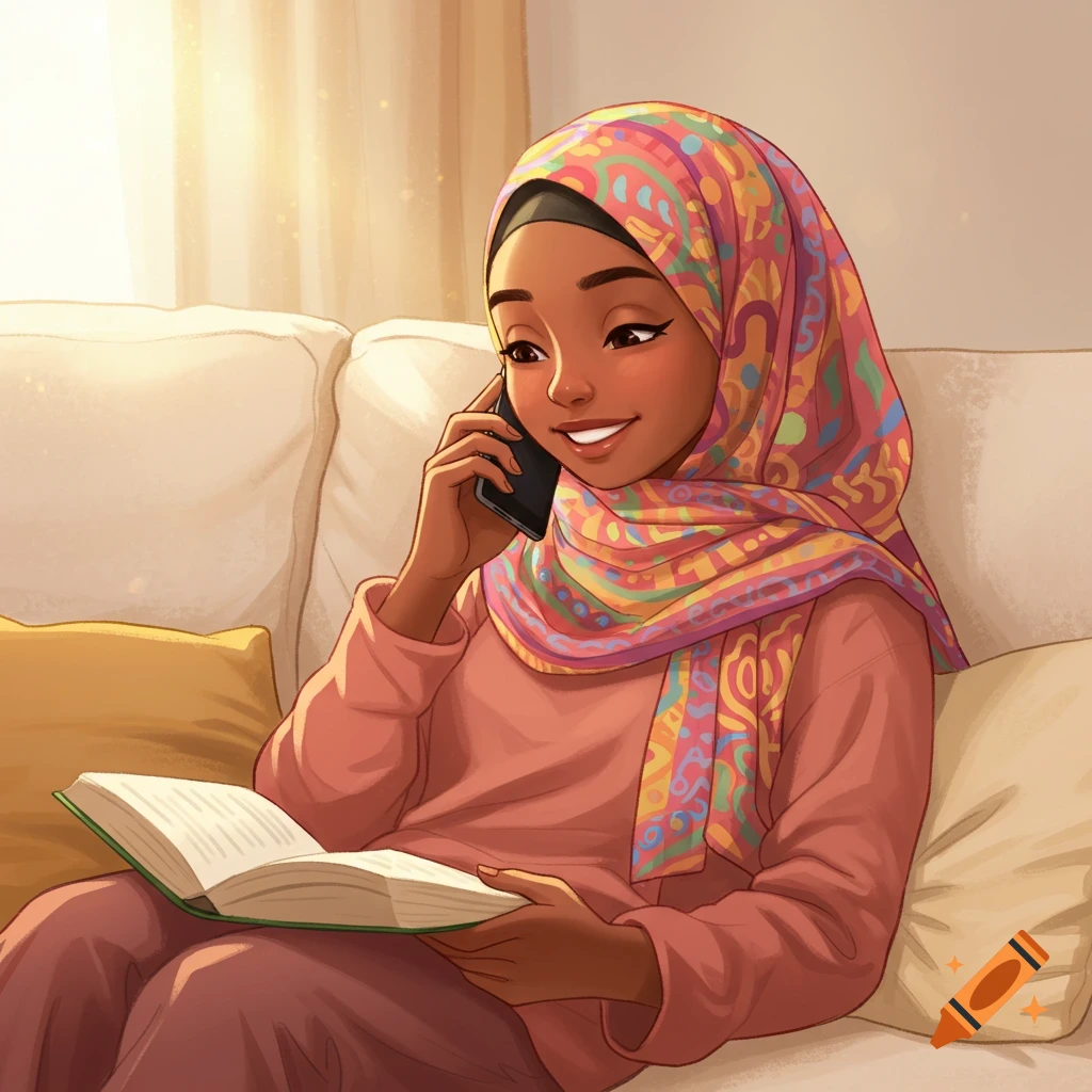 A woman in a hijab relaxing on a couch, reading a book and talking on the phone.