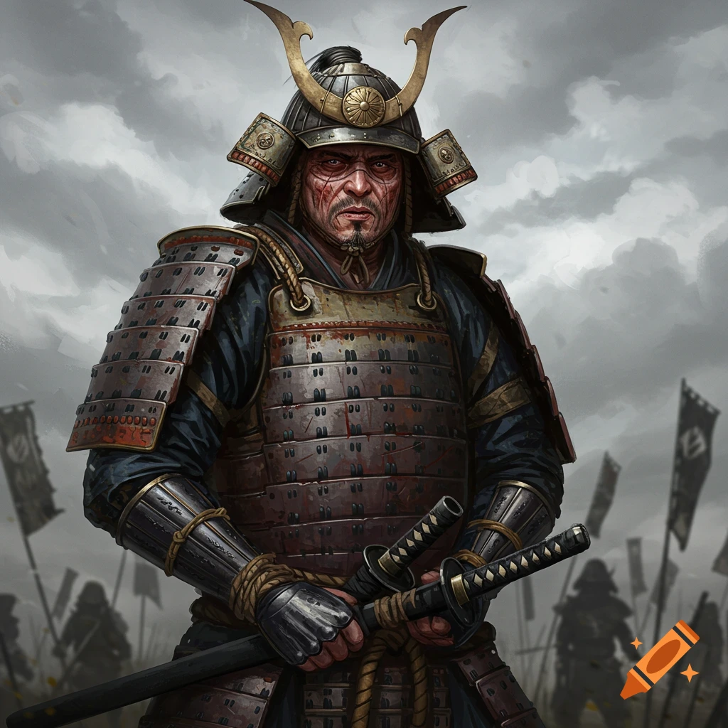 A battle-worn samurai holding swords, with other figures and flags in the background.