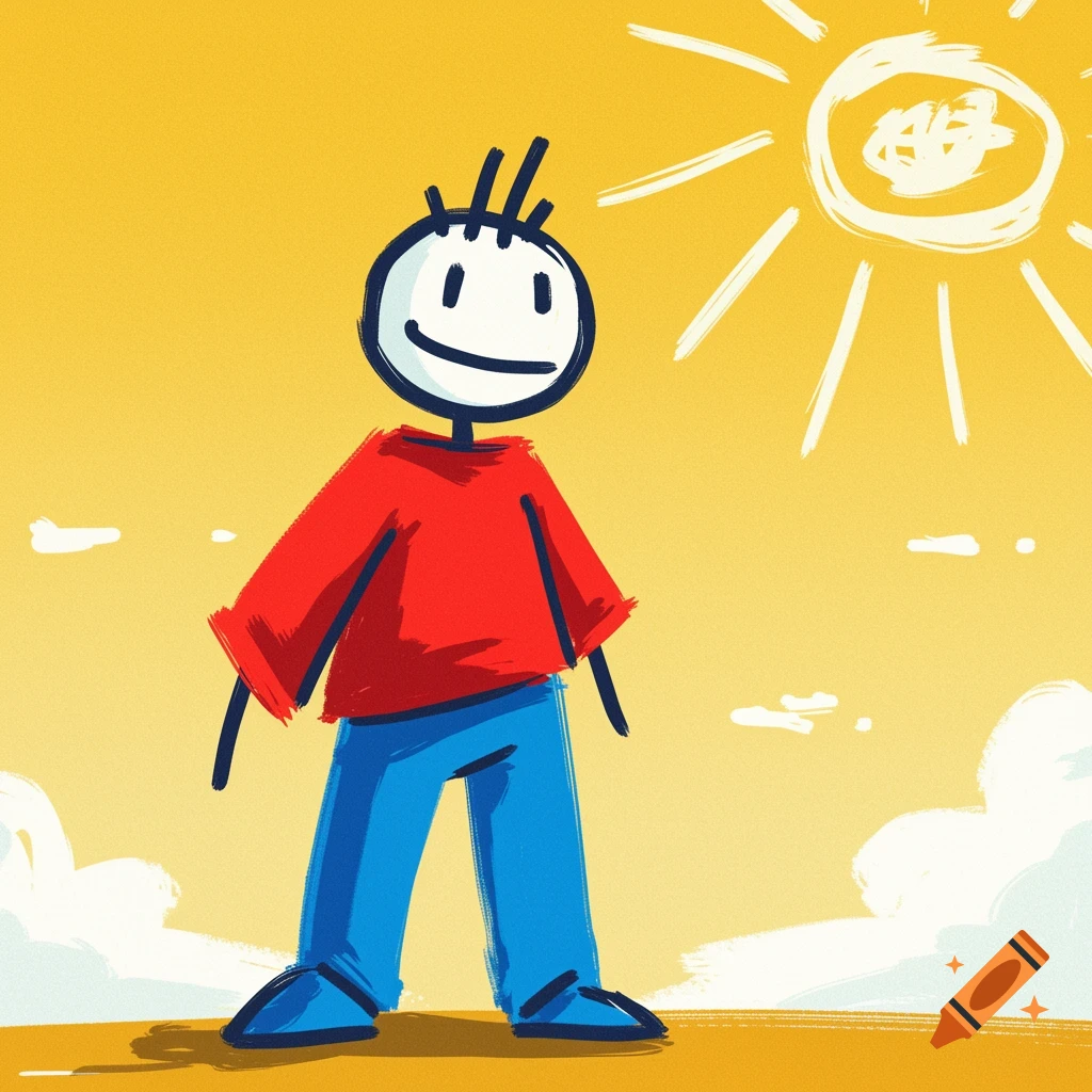 Cartoon stick figure man in red shirt and blue pants standing under a bright sun with clouds.