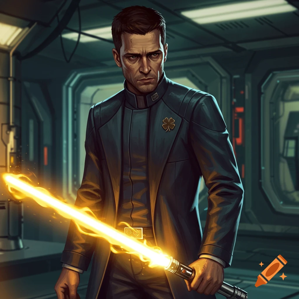 A sci-fi secret agent with a clover pin is holding a yellow lightsaber in a futuristic hallway.