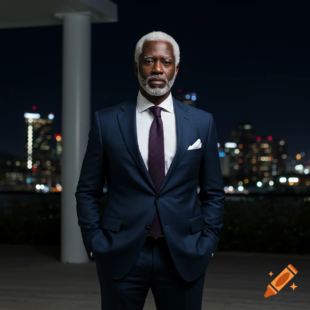A well-dressed Black man with white hair stands against a blurry city skyline at night.