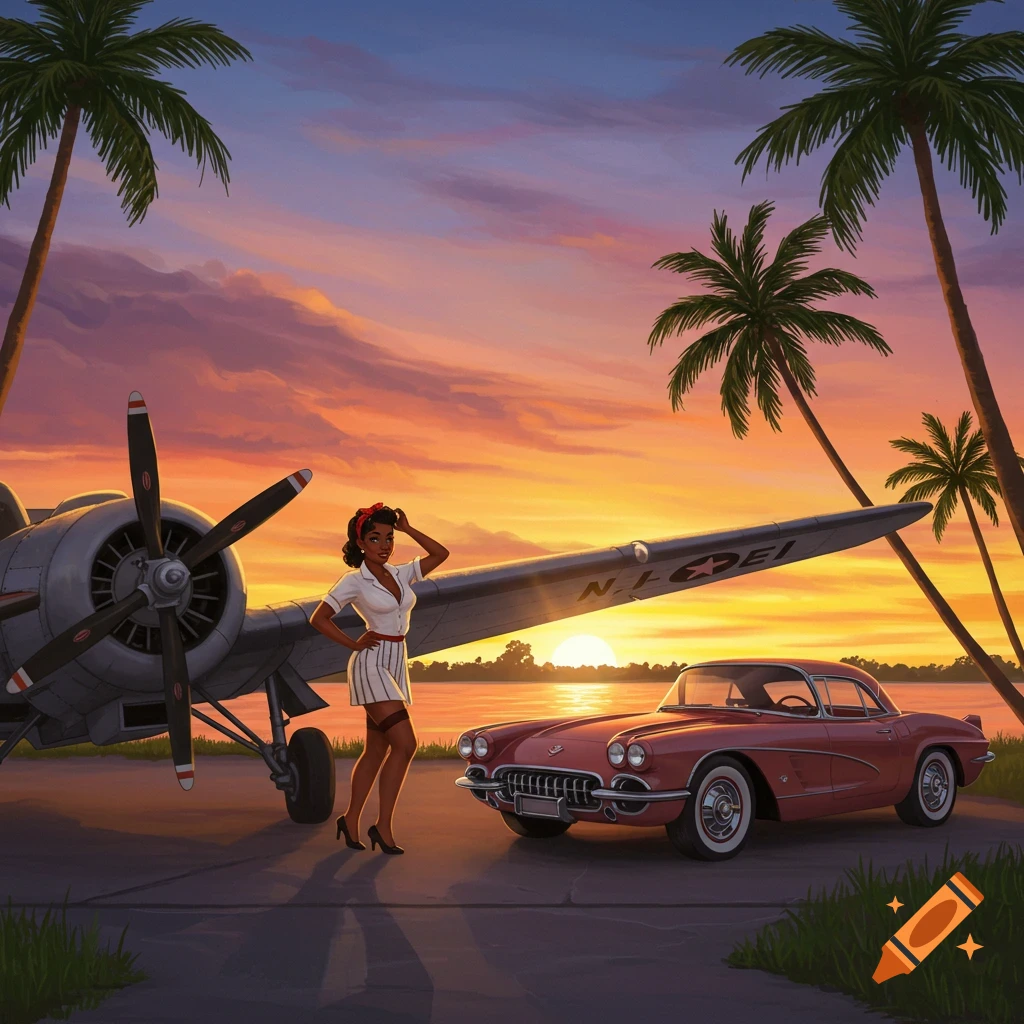 A black pin-up girl poses by a vintage plane and car at sunset with palm trees.