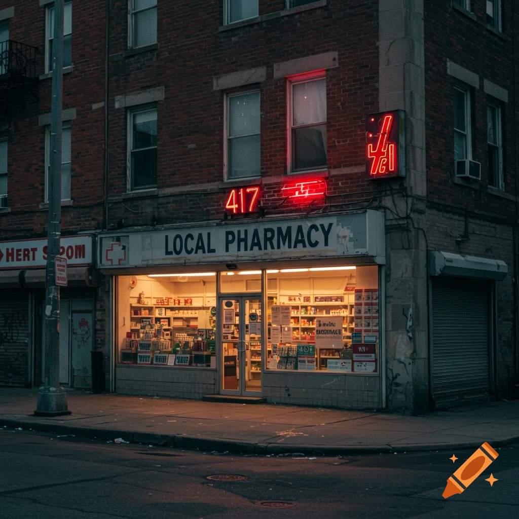 A street corner view of a pharmacy building at dusk with neon red signs for 'Local Pharmacy' and '417'
