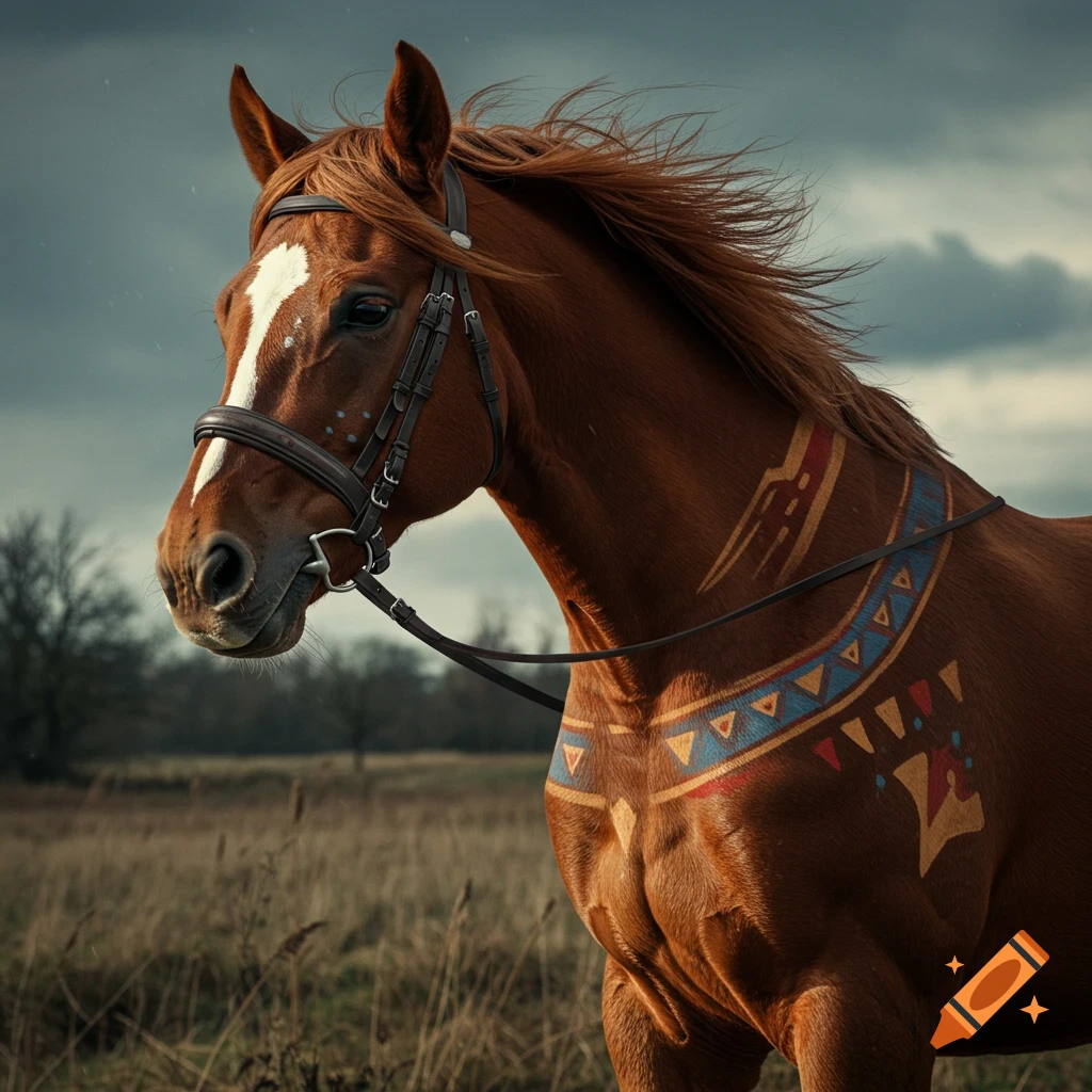 Brown horse with tribal paint in a field under a stormy sky.