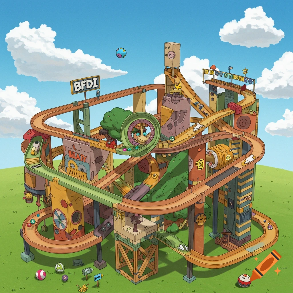 Detailed cartoon illustration of a complex marble track with various obstacles and balls rolling. A sign reads "BFDI".