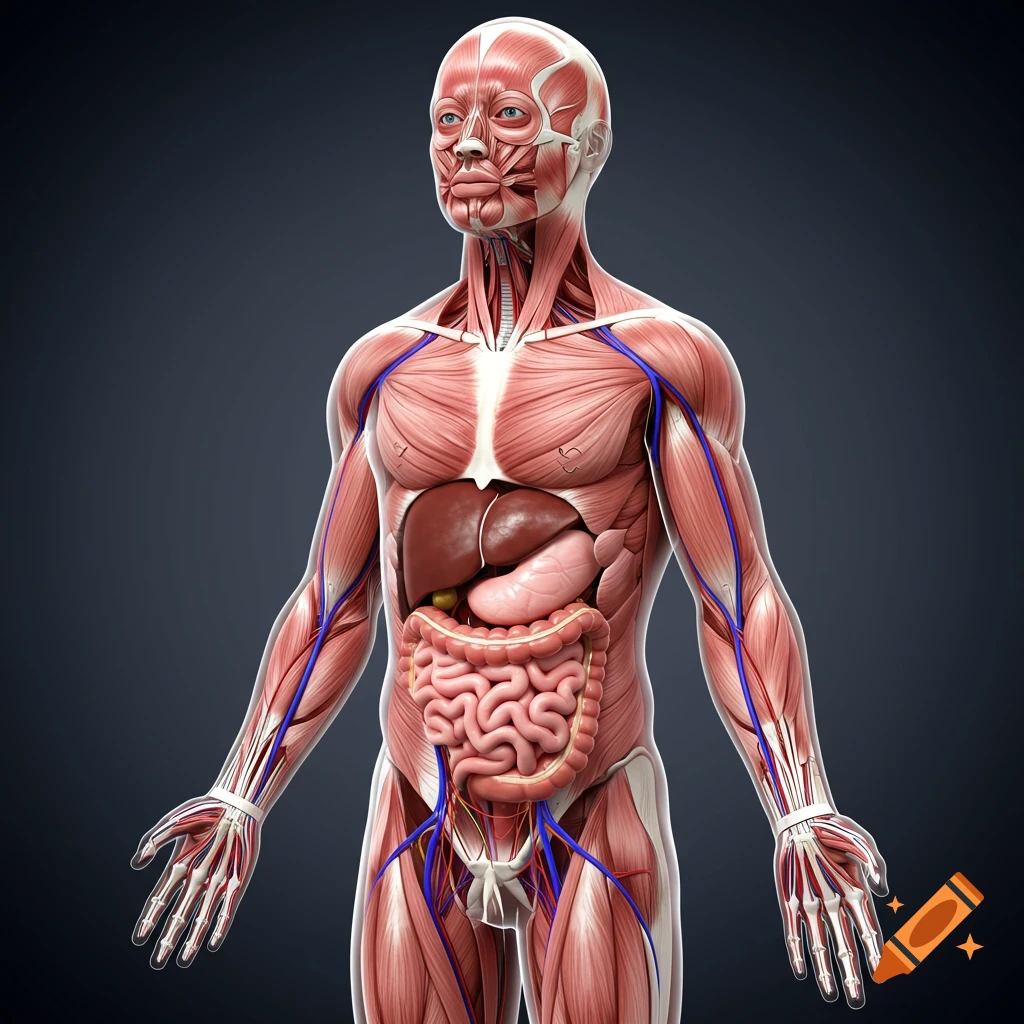 Hyper-realistic 3D render of human anatomy showing muscles, veins, arteries, and internal organs.