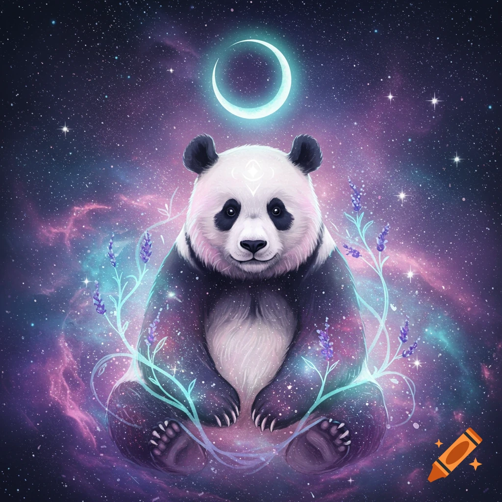 A mystical panda sits in space surrounded by stars, nebulae, glowing vines, and a crescent moon.