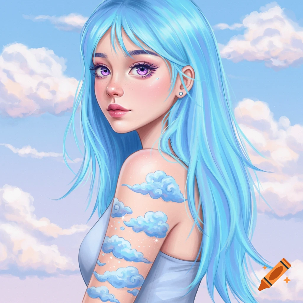 A girl with blue hair and cloud tattoos looks over her shoulder under a cloudy sky.