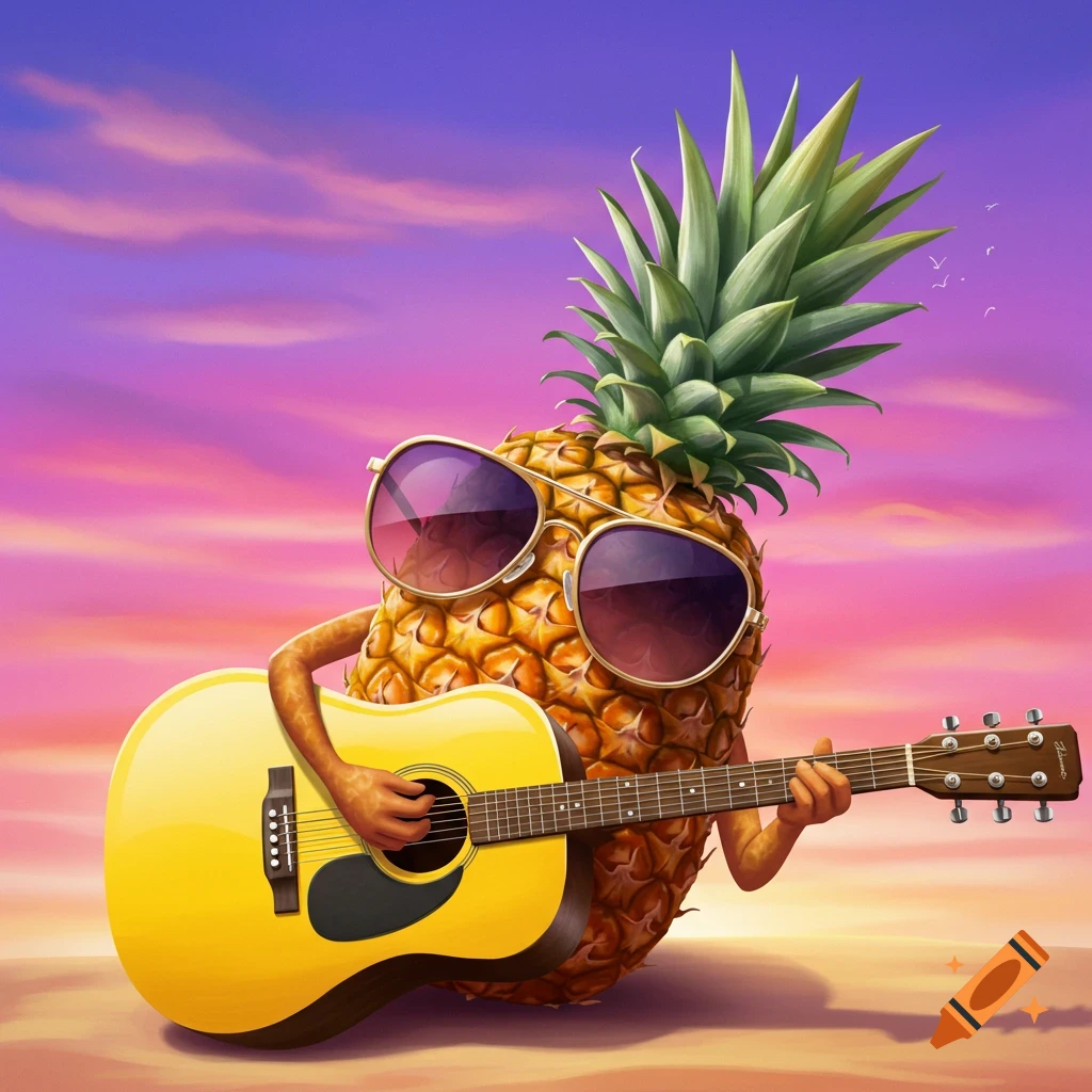 A cartoon pineapple wearing sunglasses and playing a guitar at sunset.
