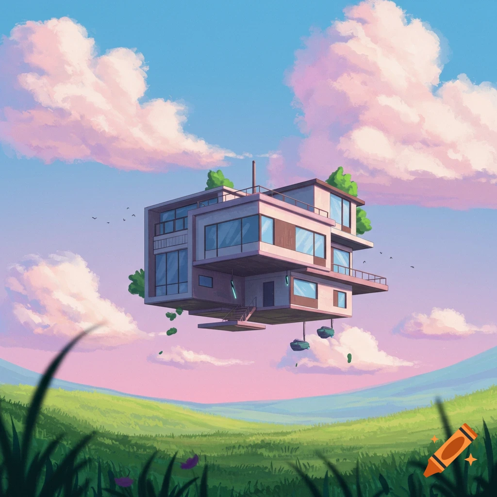 A modern house floats in the sky above a green field under pink clouds.
