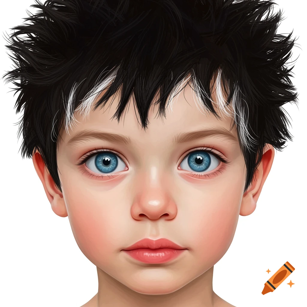 Close-up of a young boy with blue eyes and black hair with white strands.
